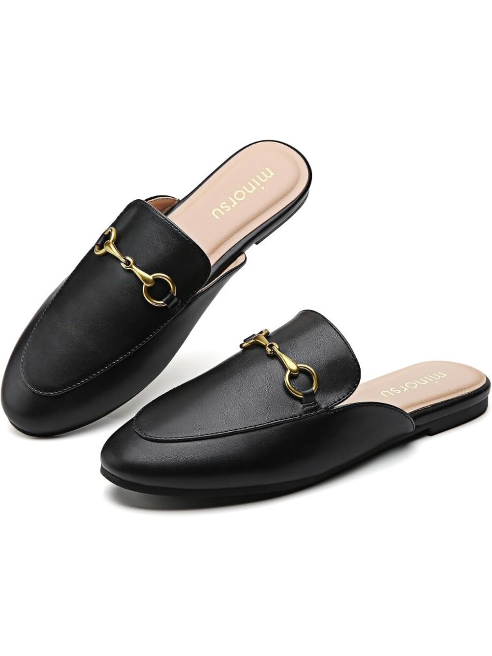 Women's Black Slip on Round Toe Backless Slides Casual Buckle Flat Loafers Shoes